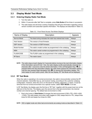 Page 39Transceiver Performance Testing Display Model Test Mode 3-3
3.3 Display Model Test Mode
3.3.1 Entering Display Radio Test Mode
1. Turn the radio on.
2. Within 10 seconds after Self Test is complete, press Side Button 2 five times in succession
3. The radio beeps and will show a series of displays that will give information regarding various 
version numbers and subscriber specific information. The displays are described in Table 3-2.
3.3.2 RF Test Mode
When the radio is operating in its normal...