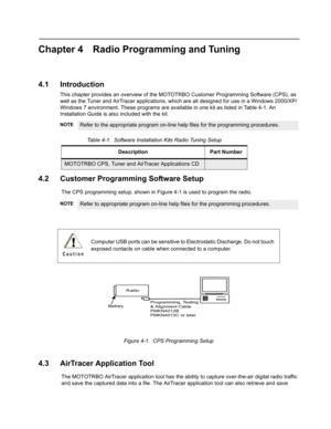 Page 49Chapter 4 Radio Programming and Tuning
4.1 Introduction
This chapter provides an overview of the MOTOTRBO Customer Programming Software (CPS), as 
well as the Tuner and AirTracer applications, which are all designed for use in a Windows 2000/XP/
Windows 7 environment. These programs are available in one kit as listed in Table 4-1. An 
Installation Guide is also included with the kit.
4.2 Customer Programming Software Setup
The CPS programming setup, shown in Figure 4-1 is used to program the radio....