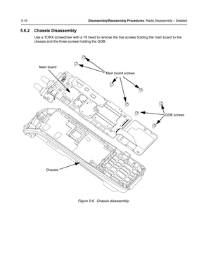 Page 605-10Disassembly/Reassembly Procedures: Radio Disassembly – Detailed
5.6.2 Chassis Disassembly
Use a TORX screwdriver with a T6 head to remove the five screws holding the main board to the 
chassis and the three screws holding the GOB.
Figure 5-6.  Chassis disassembly
Main board screws
GOB screws
Chassis
Main board 