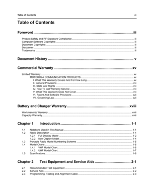 Page 7Table of Contentsvii
Table of Contents
Foreword ........................................................................................................iii
Product Safety and RF Exposure Compliance ........................................................................................... iii
Computer Software Copyrights .................................................................................................................. iii
Document Copyrights...