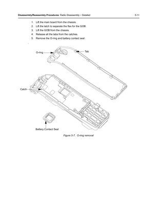 Page 61Disassembly/Reassembly Procedures: Radio Disassembly – Detailed 5-11
1. Lift the main board from the chassis.
2. Lift the latch to separate the flex for the GOB.
3. Lift the GOB from the chassis.
4. Release all the tabs from the catches.
5. Remove the O-ring and battery contact seal
.
Figure 5-7.  O-ring removal
O-ring
Battery Contact Seal
Ta b
Catch 