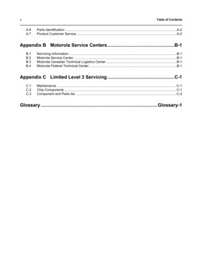 Page 10xTable of Contents
A.6 Parts Identification .......................................................................................................................A-2
A.7 Product Customer Service ...........................................................................................................A-2
Appendix B Motorola Service Centers ................................................... B-1
B.1 Servicing Information...