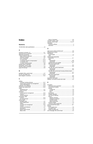 Page 165IndexIndex
Numerics
700-800 MHz radio specifications ..............................xxi
A
accessory connector, J2 ............................................9-1
advanced secure operation ....................................... 7-3
alignment procedures
power detector calibration ......................................6-8
reference oscillator ................................................ 6-6
tuner introduction ................................................... 6-1
Tx current limit...