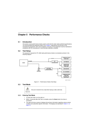 Page 51Chapter 5 Performance Checks
5.1 Introduction
This section covers performance checks used to verify that the radio meets published specifications. 
The recommended test equipment listed in the 
Chapter 4 approaches the accuracy of the 
manufacturing equipment, with a few exceptions. Accuracy of the equipment must be maintained in 
compliance with the manufacturer’s recommended calibration schedule.
5.2 Test Setup
The equipment required for XTL 5000 radio performance checks is connected as shown in the...