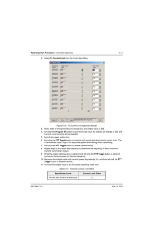 Page 696881096C73-OJune 11, 2003
Radio Alignment Procedures: Transmitter Alignments 6-11
2. Select Tx Current Limit from the Tuner Main Menu.
Figure 6-10.  Tx Current Limit Alignment Screen
3. Use a slider or the spin buttons to change any one softpot value to 255.
4. Left-click the Program All button to save the tuned value. All softpots will change to 255, and 
transmit-current limiting will be disabled.
5. Left-click in upper softpot box.
6. Left-click the PTT Toggle button to transmit and record radio the...