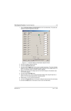 Page 716881096C73-OJune 11, 2003
Radio Alignment Procedures: Transmitter Alignments 6-13
1. Select TX Deviation Balance (Compensation) from the Tuner Main Menu. The screen will 
indicate the transmit frequencies to be used.
Figure 6-11.  Tx Deviation Balance (Compensation) Alignment Screen
2. Left-click the highest frequency field first.
3. Left-click the PTT Tone Low button.
4. Left-click the PTT Toggle button on the screen to enable transmission. The screen indicates 
whether the radio is transmitting. Wait...