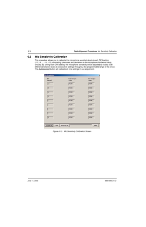 Page 76June 11, 20036881096C73-O
6-18Radio Alignment Procedures: Mic Sensitivity Calibration
6.6 Mic Sensitivity Calibration
This procedure allows you to calibrate the microphone sensitivity level at each CPS setting 
(-12, -9, .... +9, +12), eliminating tolerances and deviations in the microphone hardware lineup 
circuitry. By tuning each CPS setting, the microphone sensitivity will be adjusted to exactly 3 dB 
difference between every 2 consecutive settings throughout the programmable range of the circuit....