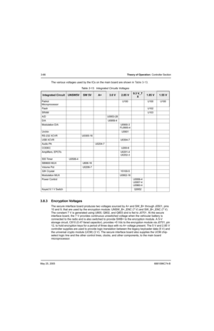 Page 132May 25, 20056881096C74-B
3-66Theory of Operation: Controller Section
The various voltages used by the ICs on the main board are shown in Table 3-13.
3.8.3 Encryption Voltages 
The secure interface board produces two voltages sourced by A+ and SW_B+ through J0501, pins 
10 and 9, that are used by the encryption module: UNSW_B+_ENC (7 V) and SW_B+_ENC (7 V). 
The constant 7 V is generated using U800, Q802, and Q803 and is fed to J0701. At the secure 
interface board, the 7 V provides continuous unswitched...