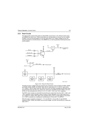 Page 1336881096C74-BMay 25, 2005
Theory of Operation: Controller Section3-67
3.8.4 Reset Circuits
The reset circuits consist of the power-on reset (POR*) circuit (Figure 3-46), SW_B+ sense circuit, 
and SB9600 bus reset circuit. These circuits allow the microprocessor to recover from an unstable 
condition, such as removing battery A+ from the radio while it is on, battery voltage too low, and 
miscommunication to remote devices on the SB9600 bus, as well as generally monitoring the power 
on/off condition....