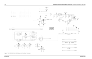 Page 302
7-42Schematics, Component Location Diagrams, and Parts Lists: HUD4022A/HUD4025B (VHF) Main BoardMay 25, 2005 6881096C74-BFigure 7-40. HUD4022A/HUD4025B Secure Interface Board Schematic
11P501-2
U803-4
12
13 VCC2.85
0.1uF C811
10K R806
P501-12
0
R808
J701-13 J701-15 *P501-11*
J701-27
J701-34
J701-12
VCC2.85
VCC2.85 J701-36
J701-7
R802
1K
SW_B+
J701-22
J701-24
100K
R807
VCC2.85
J701-16
Q4 8
RESET
12 J701-6
J701-10
U802-2
CLK
13
Q111
Q2 10
Q3 9 U803-1
1
2
3
U803-3
9
10 8 P501-9
0.1uF C809
VCC2.85
PWR_GND...