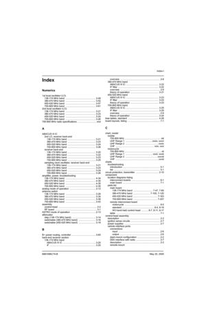 Page 517Index-i
6881096C74-BMay 25, 2005
IndexIndex
Numerics
1st local oscillator (LO)
136-174 MHz band  .............................................. 3-49
380-470 MHz band  .............................................. 3-52
450-520 MHz band  .............................................. 3-57
700-800 MHz band  .............................................. 3-61
2nd local oscillator (LO)
136-174 MHz band  .............................................. 3-21
380-470 MHz band...