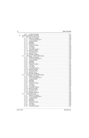 Page 10viiiTable of Contents
May 25, 20056881096C74-B
3.6.4.1 35-Watt Transmitter................................................................................................3-41
3.7 Frequency Generation Unit (FGU) ...............................................................................................3-45
3.7.1 VHF (136-174 MHz) Band ...............................................................................................3-45
3.7.1.1 Reference Oscillator...