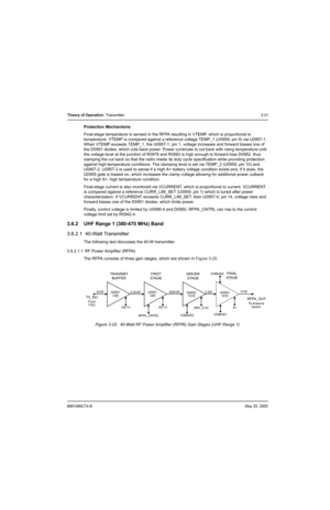 Page 976881096C74-BMay 25, 2005
Theory of Operation: Transmitter3-31
Protection Mechanisms
Final-stage temperature is sensed in the RFPA resulting in VTEMP, which is proportional to 
temperature. VTEMP is compared against a reference voltage TEMP_1 (U0959, pin 9) via U0957-1. 
When VTEMP exceeds TEMP_1, the U0957-1, pin 1, voltage increases and forward biases one of 
the D0951 diodes, which cuts back power. Power continues to cut back with rising temperature until 
the voltage level at the junction of R0978 and...