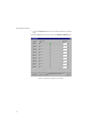 Page 42Radio Alignment Procedures
247. Left-click the Program All button on the screen to dekey the radio and save the tuned 
values.
Left-click the Close button on the screen to return to the Transmitter Alignments menu.
Figure 9.  Transmit Power Alignment Screen (Typical) 