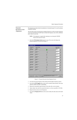 Page 45Radio Alignment Procedures
27
Transmit 
Deviation Limit 
AlignmentThis alignment procedure limits the modulation of a baseband signal. It is used for primary 
modulation limiting.
This procedure needs to be performed at multiple frequencies to allow for proper alignment 
across the entire RF band. The RF band is divided into frequency zones with a calibration 
point (value) in each zone.
NOTE:This alignment is required after replacing (or servicing) the VOCON 
board or the transceiver board.
1. Select...