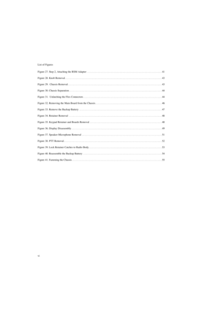 Page 8List of Figures
vi Figure 27. Step 2, Attaching the RSM Adapter  . . . . . . . . . . . . . . . . . . . . . . . . . . . . . . . . . . . . . . . . . . . . . . . . . . . . . . . . . 41
Figure 28. Knob Removal . . . . . . . . . . . . . . . . . . . . . . . . . . . . . . . . . . . . . . . . . . . . . . . . . . . . . . . . . . . . . . . . . . . . . . . . . . 43
Figure 29.  Chassis Removal . . . . . . . . . . . . . . . . . . . . . . . . . . . . . . . . . . . . . . . . . . . . . . . . . . . . . . . . . . . . . ....