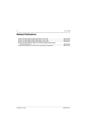 Page 13xiiList of Tables
November 16, 20066881094C31-E
Related Publications
ASTRO XTS 5000 Digital Portable Radio Model I User Guide ................................................. 6881094C25
ASTRO XTS 5000 Digital Portable Radio Model II User Guide ................................................ 6881094C26
ASTRO XTS 5000 Digital Portable Radio Model III User Guide ............................................... 6881094C27
ASTRO XTS 5000 VHF/UHF Range 1/700–800 MHz Digital Portable Radios 
Basic Service...