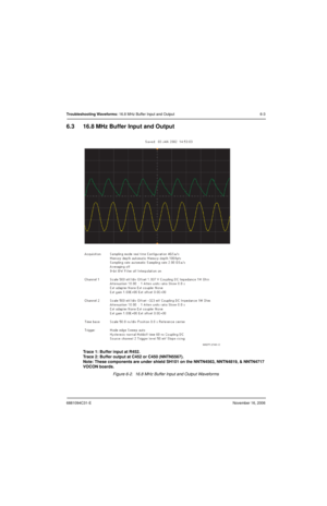 Page 1386881094C31-ENovember 16, 2006
Troubleshooting Waveforms: 16.8 MHz Buffer Input and Output 6-3
6.3 16.8 MHz Buffer Input and Output
Trace 1: Buffer input at R452.
Trace 2: Buffer output at C452 or C450 (NNTN5567).
Note: These components are under shield SH101 on the NNTN4563, NNTN4819, & NNTN4717 
VOCON boards.
Figure 6-2.  16.8 MHz Buffer Input and Output Waveforms
MAEPF-27491-O 