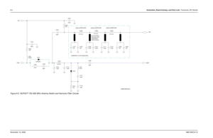 Page 1798-4Schematics, Board Overlays, and Parts Lists: Transceiver (RF) BoardsNovember 16, 20066881094C31-EFigure 8-2. NUF3577 700–800 MHz Antenna Switch and Harmonic Filter Circuits
lines(4 places). transmission
HARMONIC FILTER (SHIELDED)20 mil (0.020)x
120 mil (0.120)
UPP9401
D702 D701 1501pF C707 .01uF
R703
8.67nHL705C919
C706 C705
33pF
33pF C7028.72 nH
33pF
C710
2.2pFreplace,2460591A69
*L705*
C714C711
1.5pF
C7162.2pF
47nH
10pF 47nHL706
L707
33pFC703
33pF C713*L704* replace,2460591A69
8.72 nH *L703*...