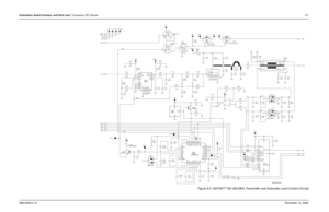 Page 182Schematics, Board Overlays, and Parts Lists: Transceiver (RF) Boards8-76881094C31-ENovember 16, 2006
Figure 8-5. NUF3577 700–800 MHz Transmitter and Automatic Level Control Circuits
100 mil
(2 PLS)10 by
NC TX7V100 R119 RAWB+
10K R106
100pF C123 C122
2200pF BK1005HM471 E105R129
10K .01uFC104TX7V
L103
100nH
Q107
6
21
3
4
5
7
8
RAWB+
REFPOS 15
5
VCC
R121
100
CSTART 10DATA_OUT1
DATD_IN 2EOC4
FS 13
11
GND
INV_CLK 12REFNEG 14
A0 6
A1 7
A2 8
A3 9CLK_IO 3
CS 16 MGSF1P02LT1 V5A
TLV1544I U105
C109
6.2pFQ104...