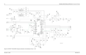 Page 1838-8Schematics, Board Overlays, and Parts Lists: Transceiver (RF) BoardsNovember 16, 20066881094C31-EFigure 8-6. NUF3577 700–800 MHz Frequency Generation Unit (Synthesizer) Circuit—1 of 2
0.1uF33K
C233 10uF
R208 0.1uF
NCC206C207
2000pF C219 Vdd3 C201
0.1uF
R212
120
GND 2OUT3VCC4
VCON 1 NC Q201
MUN5212T1Vdd3
16.8MHz 45J68 Y200 C215NC
R204 Vdd3
0.1uF
39K2.2uH
C243
220pF.047uFL202
Vdd3
C217
2K
0.1uF NC
R217 C220
10uF
C224 0.1uF2.2uHL204
C211
NC39 R207 L203
2.2uH
CLC450 U201 4
31 5
2
15
VMULT1
14
VMULT2
12...