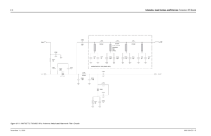 Page 1938-18Schematics, Board Overlays, and Parts Lists: Transceiver (RF) BoardsNovember 16, 20066881094C31-EFigure 8-11. NUF3577J 700–800 MHz Antenna Switch and Harmonic Filter Circuits
20 mil x 120 millines
(4 PLS). transmission
HARMONIC FILTER (SHIELDED)
C709
2.2pF 2.2pFC712 C724
1pF 1pF
L702
150nHC723
C704
1.6pF D701
UPP9401
D702 1pF C707
R703
150
150 R702 8.67nHL705 33pF
33pF C706 C705
8.72 nH
33pF C702
2.2pFL708
C710
1.5pF C7142.2pF C711
15pF C716 L706
L707
47nH C703
47nH
33pF C713 33pFL704
8.72 nH...