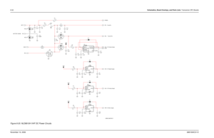 Page 2078-32Schematics, Board Overlays, and Parts Lists: Transceiver (RF) BoardsNovember 16, 20066881094C31-EFigure 8-20. NLD8910H VHF DC Power Circuits
BATTERY SENSE
5V Analog Supply
3V Digital Supply
3V Analog Supply
3V Misc SupplyTransmit B+ Fused B+
C6 R1
100K
1uF
U3
LP3985
BYPASS 4
GND
2
3
VEN
VIN 1
VOUT5 E1
D2 V38
1uF C18 L1
47uH
V38 1uF C2
D3
.01uFNC
C10 10uFC3C5
10uF C21
10uF
47K
47K
E8 E4
V38 2A 32V F901
23
1
100uHL2 20V VR1
E7 C1
.01uF
NC
E6 C14
1uF
C9
1uF Q503 C12
330pF
V5A.01uF C7
1uF C20 1uF
D1 C13...