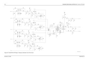 Page 2298-54Schematics, Board Overlays, and Parts Lists: Transceiver (RF) BoardsNovember 16, 20066881094C31-EFigure 8-37. NLE4272H UHF Range 1 Frequency Generation Unit (VCO) Circuit
TX2  VCO
RX1  VCO
RX2  VCOTX1 VCO
L313
33nH120pFC316 VSF
NE68519
C307
120pF
100nH Q304
L303
VSF
L321
NE68519 Q302 390nH
3.6pF 8.2pF
C340
390nHC306
300 R307
L306120pF C326
22K R319 D309
1 2
D310
1 222K R303
R327
51K51K R322 R304
22
D312
1SV279 1
2TN0200T
D
G
S
R321 Q307
D320
330 1.8pF C312
Q310
1 20.1uFC313
1
2D313
D315VSFVSF
L317...