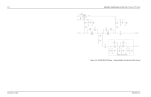 Page 2398-64Schematics, Board Overlays, and Parts Lists: Transceiver (RF) BoardsNovember 16, 20066881094C31-E
Figure 8-41. NLE4278D UHF Range 1 Antenna Switch and Harmonic Filter Circuits
HARMONIC FILTER (SHIELDED)
Q700
NTR1P02T1
T5V
L707
56nH
4.3pF C709 UPP9401D701
220nH L701
C712
2.2pF 100pF L706
180nHC703
16.22 nHL704
16.22 nHL7032.2pFC714 R706
2.2pFC713 100KC702
R720
100K 100pF
L705
R702
3301.5K
220nH
100pF R719
100pF
C715
2.2pF C704
C708 L702
2.2pF C711 220nH 100 R703C706
100pF
C710
2.2pF C707
4.3pF...