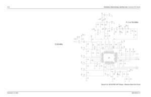 Page 2418-66Schematics, Board Overlays, and Parts Lists: Transceiver (RF) BoardsNovember 16, 20066881094C31-E
Figure 8-43. NLE4278D UHF Range 1 Receiver Back End Circuit
71.1 to 75.6 MHz
73.35 MHz
100pF C523TP502
TEST_POINT
1
27pF C56010K R503
.01uF C530.01uF C517
E505
C529
0.1uF TP12
TEST_POINT
1
C525
.01uF 330nH V5A
1SV279 D501 L547330nH L550
V3D10uH L502
C518 100K R501
E5080.1uF 3pF1SV305 D550
V5A C500
10K V3D
100K
R513 8.2pF C547
R511 E503
C528
0.1uF 10pF C554 V5A
V3DC553
.033uF
1SV305
D551
E507 V3DNC E506...