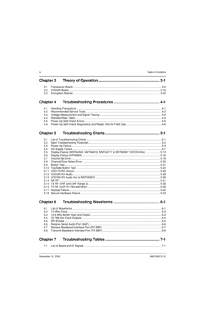 Page 5ivTable of Contents
November 16, 20066881094C31-E
Chapter 3 Theory of Operation ............................................................ 3-1
3.1 Transceiver Board.......................................................................................................................... 3-2
3.2 VOCON Board ............................................................................................................................. 3-16
3.3 Encryption Module...