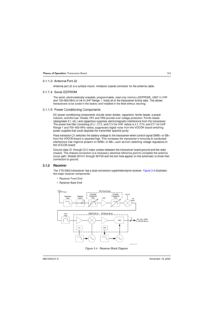 Page 446881094C31-ENovember 16, 2006
Theory of Operation: Transceiver Board3-5
3.1.1.3  Antenna Port J2
Antenna port J2 is a surface-mount, miniature coaxial connector for the antenna cable.
3.1.1.4  Serial EEPROM
The serial, electrostatically erasable, programmable, read-only memory (EEPROM), U907 in VHF 
and 700–800 MHz or U4 in UHF Range 1, holds all of the transceiver tuning data. This allows 
transceivers to be tuned in the factory and installed in the field without retuning.
3.1.1.5  Power Conditioning...