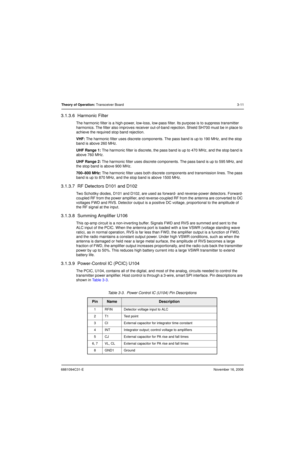 Page 506881094C31-ENovember 16, 2006
Theory of Operation: Transceiver Board3-11
3.1.3.6  Harmonic Filter
The harmonic filter is a high-power, low-loss, low-pass filter. Its purpose is to suppress transmitter 
harmonics. The filter also improves receiver out-of-band rejection. Shield SH700 must be in place to 
achieve the required stop band rejection.
VHF: The harmonic filter uses discrete components. The pass band is up to 190 MHz, and the stop 
band is above 260 MHz.
UHF Range 1: The harmonic filter is...