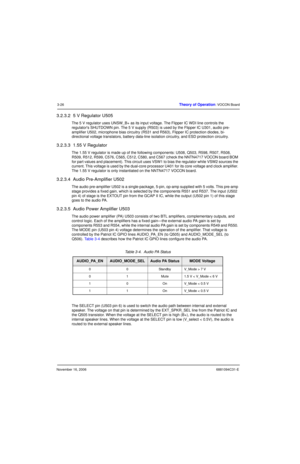 Page 65November 16, 20066881094C31-E
3-26Theory of Operation: VOCON Board
3.2.3.2  5 V Regulator U505
The 5 V regulator uses UNSW_B+ as its input voltage. The Flipper IC WDI line controls the 
regulators SHUTDOWN pin. The 5 V supply (R503) is used by the Flipper IC U301, audio pre-
amplifier U502, microphone bias circuitry (R531 and R563), Flipper IC protection diodes, bi-
directional voltage translators, battery data-line isolation circuitry, and ESD protection circuitry.
3.2.3.3  1.55 V Regulator
The 1.55 V...