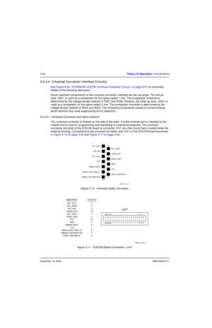 Page 73November 16, 20066881094C31-E
3-34Theory of Operation: VOCON Board
3.2.4.4  Universal Connector Interface Circuitry
See Figure 8-63, “NTN9564B VOCON Universal Connector Circuit,” on page 8-97 for schematic 
details of the following discussion.
Some important components on the universal connector interface are two op-amps. The first op-
amp, U201, is used as a comparator for the option-select 1 line. The comparator threshold is 
determined by the voltage-divider network of R257 and R258. Similarly, the...