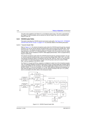 Page 77November 16, 20066881094C31-E
3-38Theory of Operation: VOCON Board
The other clock supplied to the Patriot IC is a 32.768 kHz square wave. This clock is generated by 
the Flipper IC internal oscillator and an external 32.768 kHz crystal Y301 and is connected to the 
Patriot IC CKIL pin.
3.2.5 VOCON Audio Paths
This section describes the VOCON transmit and receive audio paths. See Figure 8-67, “NTN9564B 
VOCON Audio and DC Circuits,” on page 8-101 for schematic details of the following discussion.
3.2.5.1...