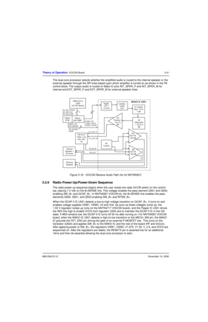 Page 806881094C31-ENovember 16, 2006
Theory of Operation: VOCON Board3-41
The dual-core processor selects whether the amplified audio is routed to the internal speaker or the 
external speaker through the SPI lines based upon which amplifier is turned on as shown in the PA 
control block. The output audio is routed on Mako IC pins INT_SPKR_P and INT_SPKR_M for 
internal and EXT_SPKR_P and EXT_SPKR_M for external speaker lines.
Figure 3-16.  VOCON Receive Audio Path (for kit NNTN5567)
3.2.6 Radio...