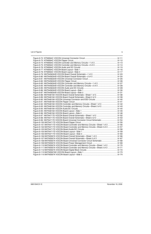 Page 10List of Figuresix
6881094C31-ENovember 16, 2006
Figure 8-72. NTN9564C VOCON Universal Connector Circuit ............................................................. 8-111
Figure 8-73. NTN9564C VOCON Flipper Circuit................................................................................... 8-112
Figure 8-74. NTN9564C VOCON Controller and Memory Circuits—1 of 2........................................... 8-113
Figure 8-75. NTN9564C VOCON Controller and Memory Circuits—2 of...