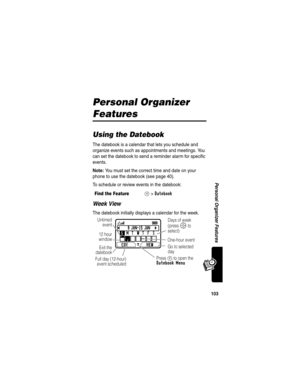 Page 105103
Personal Organizer Features
Personal Organizer 
Features
Using the Datebook
The datebook is a calendar that lets you schedule and 
organize events such as appointments and meetings. You 
can set the datebook to send a reminder alarm for specific 
events.
Note: You must set the correct time and date on your 
phone to use the datebook (see page 40).
To schedule or review events in the datebook:
Week View
The datebook initially displays a calendar for the week.
Find the FeatureM>Datebook
b9 JAN-15 JANc...