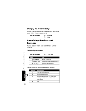 Page 110108
Personal Organizer Features
Changing the Datebook Setup
You can change the datebook’s daily start time, and set the 
length of time that events are stored
Calculating Numbers and 
Currency
You can use your phone as a calculator and currency 
converter.
Calculating Numbers
The calculator can perform the following functions:
Find the FeatureM>Datebook
M>Setup
Find the FeatureM> Calculator
PressTo
1
number keys enter a number
2S left or righthighlight a calculator function
3SELECT(+) perform the...