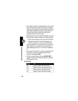 Page 120118
News and Entertainment
The number of cards in a deck depends on the current 
level: the first level contains 32 cards (two complete 
suits plus six wild cards), the second level contains 45 
cards (three complete suits plus six wild cards), the 
third and fourth levels contain 58 cards (all four 
complete suits plus six wild cards)
When there are no more cards in the deck, you score 
200 times the number of cards left in all the columns.
Every time you place a card, you score 50 points.
Whenever...