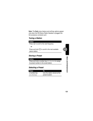 Page 125123
News and Entertainment
Note: The Radio menu feature and soft key options appear 
only when the FM Stereo Radio Headset is plugged into 
the accessory connector port.
Tuning a Station
Storing a Preset
Selecting a Preset
Action
Press S to scroll to the next frequency
or
Press and hold S to scroll to the next available 
stereo station
Action
Press and hold a number key (1to9) to assign 
its preset number to the tuned station
PressTo
a number key 
(
1to9)tune the station stored at the 
preset location 