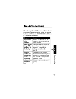 Page 127125
Troubleshooting
Troubleshooting
Check these questions first if you have problems with your 
phone. If you need additional help, contact the Motorola 
Customer Call Center at 1-800-331-6456 (United States) 
or 1-800-461-4575 (Canada).
QuestionAnswer
Is your phone 
set up 
correctly?
 Press 
M #. If you do not see 
your phone number, contact your 
service provider.
Is your battery 
charged? Do 
you see 
6 in 
the display?
 The battery level indicator should 
have at least one segment 
showing (
7). If...