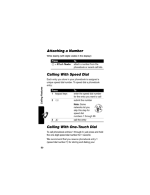 Page 5250
Calling Features
Attaching a Number
While dialing (with digits visible in the display):
Calling With Speed Dial
Each entry you store in your phonebook is assigned a 
unique speed dial number. To speed dial a phonebook 
entry:
Calling With One-Touch Dial
To call phonebook entries 1 through 9, just press and hold 
the one-digit speed dial number for 1 second.
We recommend that you reserve phonebook entry 1 
(speed dial number 1) for storing and dialing your 
PressTo
M >Attach Numberattach a number from...