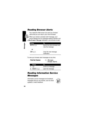 Page 6664
Messages
Reading Browser Alerts
Your network’s Web server can send you browser 
alerts that you can read in your micro-browser.
When you receive a browser alert message, your 
phone displays the 
g (message waiting) indicator and 
a 
New Browser Message notification, and sounds an alert.
To view your browser alert messages at any time:
Reading Information Service 
Messages
Information service messages are broadcast 
messages that you can receive, such as stock 
updates or news headlines.
PressTo
GO...