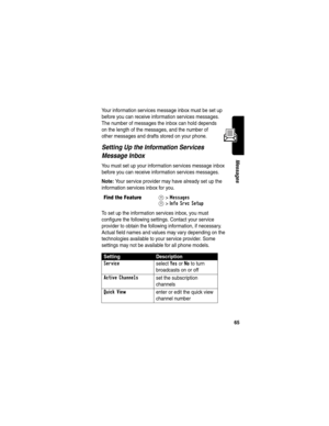 Page 6765
Messages
Your information services message inbox must be set up 
before you can receive information services messages. 
The number of messages the inbox can hold depends 
on the length of the messages, and the number of 
other messages and drafts stored on your phone.
Setting Up the Information Services 
Message Inbox
You must set up your information services message inbox 
before you can receive information services messages.
Note: Your service provider may have already set up the 
information...