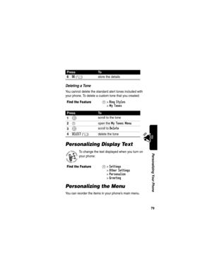 Page 8179
Personalizing Your Phone
Deleting a Tone
You cannot delete the standard alert tones included with 
your phone. To delete a custom tone that you created:
Personalizing Display Text
To change the text displayed when you turn on 
your phone:
Personalizing the Menu
You can reorder the items in your phone’s main menu.
6OK(+) store the details
Find the FeatureM>Ring Styles
>My Tones
PressTo
1
S scroll to the tone
2M open the My Tones Menu
3S scroll to Delete
4SELECT(+) delete the tone 
Find the...
