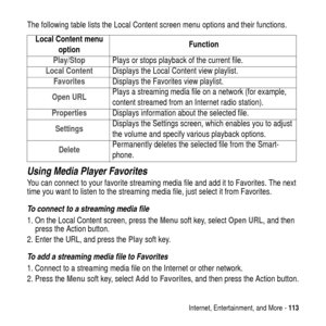 Page 113Internet, Entertainment, and More -113
The following table lists the Local Content screen menu options and their functions.
Using Media Player Favorites
You can connect to your favorite streaming media file and add it to Favorites. The next
time you want to listen to the streaming media file, just select it from Favorites.
To connect to a streaming media file
1. On the Local Content screen, press theMenusoft key, selectOpen URL, and then
press the Action button.
2. Enter the URL, and press thePlaysoft...
