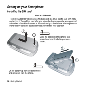 Page 1414- Getting Started
Setting up your Smartphone
Installing the SIM card 
The SIM (Subscriber Identification Module) card is a small plastic card with metal
contact on it. You get this card after you subscribe to your operator. Your personal
subscriber information is stored in this card and you need to use it in the phone to
make/receive calls and access services provided by your operator.
What is a SIM card?
Make the back side of the phone face
upward and open the battery cover as
shown.
Lift the battery...