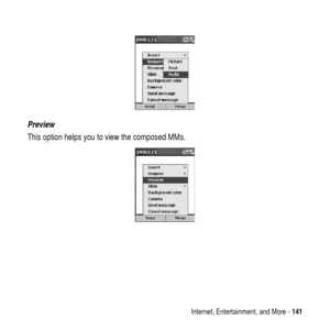 Page 141Internet, Entertainment, and More -141
Preview
This option helps you to view the composed MMs. 